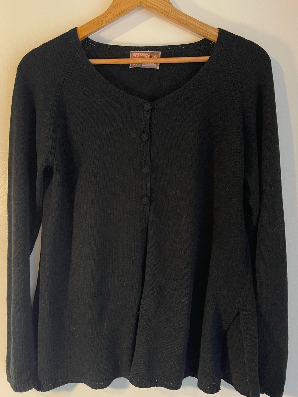 Vintage April Cornell Black Knit Cloth Covered Button Side Slit Sweater L